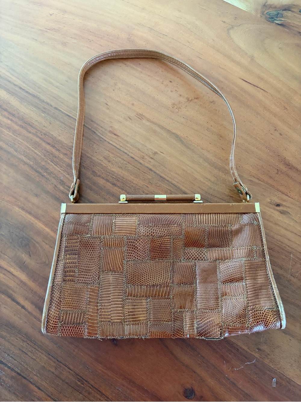 Vintage 1950’s Textured Brown Patchwork Shoulder Bag with Gold Accents